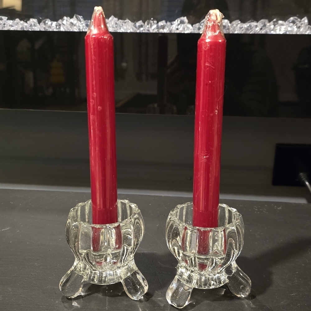 Vintage Jeannette Glass National #2200 three-toed candlestick holders